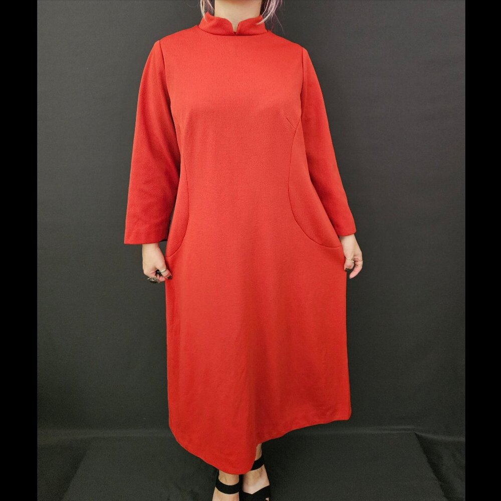 60s Brick Red Mandarin Collar Long Sleeve Dress